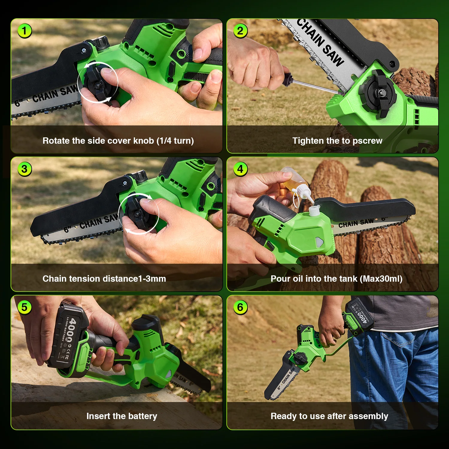 TaskStar Brushless Electric Chainsaw 6&8 Inch Handheld Cordless Pruning Saw with 2 4000mAh Batteries Manual Oil Supply Garden Power Tools For Wood Cutting Tree Trimming