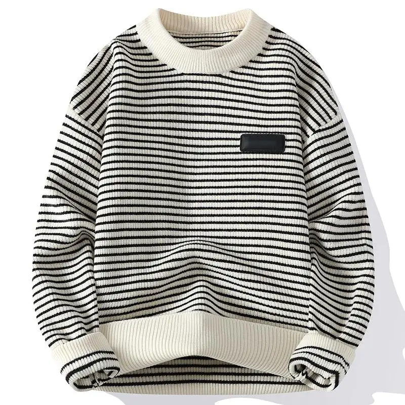 

Fine Men's Fashion Autumn Winter British Style Slim Trend Stripes with Solid Color Crew Neck Pullover Sweater Casual Knitwear