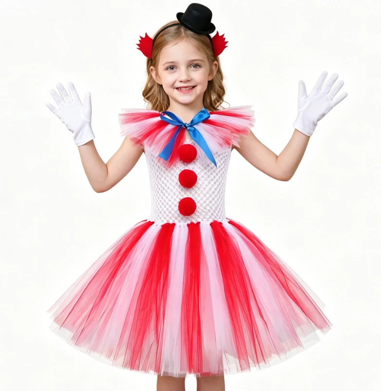 Girls Cute Pink White Clown Mesh Fluffy Tutu Dress With Spooky Accessories Halloween Novelty Party Stage Performance Holiday Set