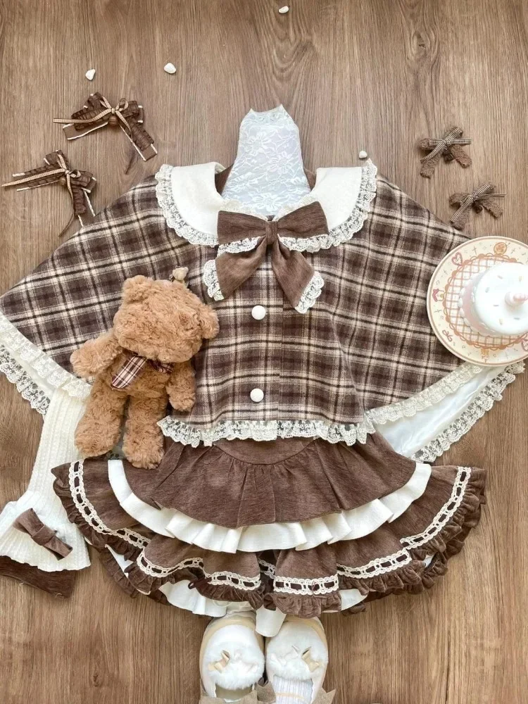 

Winter France Vintage 3 Piece Set Women Elegant Plaid Bow Shawl + Sweet Long Sleeve Slim Tops + Cute Cake Mini Dress 2024 New