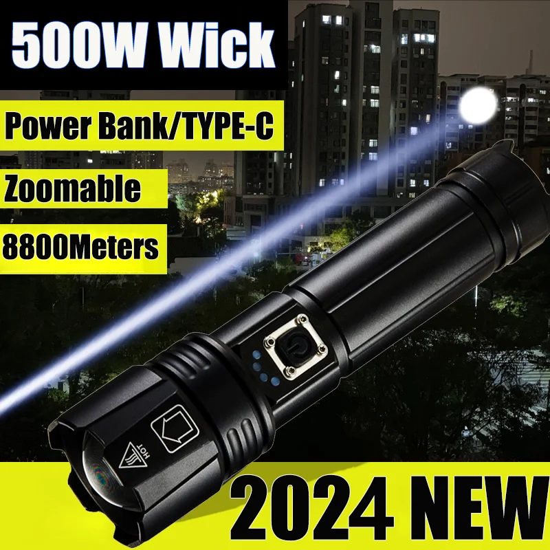 8800Meters Led Flashlight Rechargeable Torch TYPE-C Powerful Tactical Flash Light Zoomable Hunting Lantern Waterproof Hand Lamp