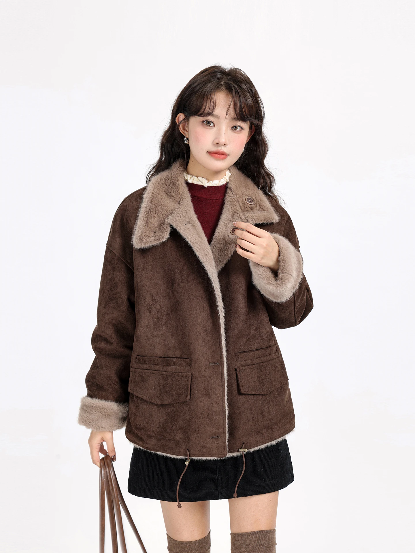 Winter 2025 Women's Fce Lined Suede Biker Coat Warmth Inteated Leather And Fur Outerwear Vintage Korean Sle Long Sve