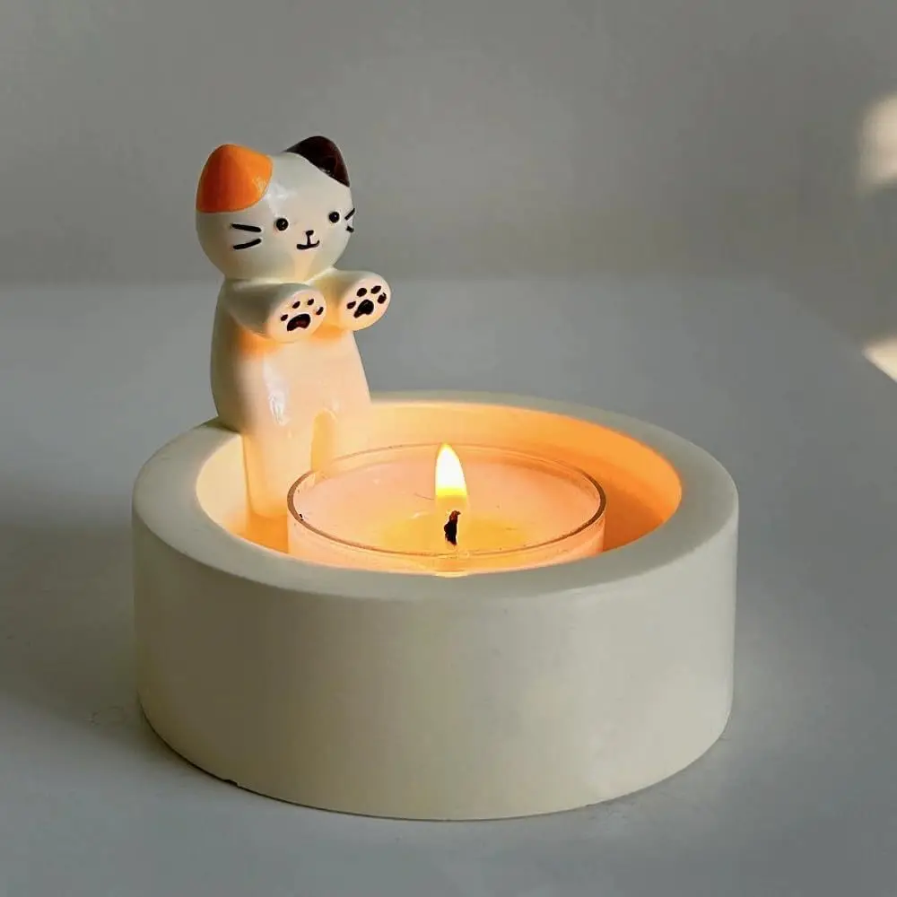 

D5 Cute Kitten Candle Holder Candlestick Cartoon Cat Aromatherapy Candle Holders Durable Birthday Gift Ornament Room Decoration