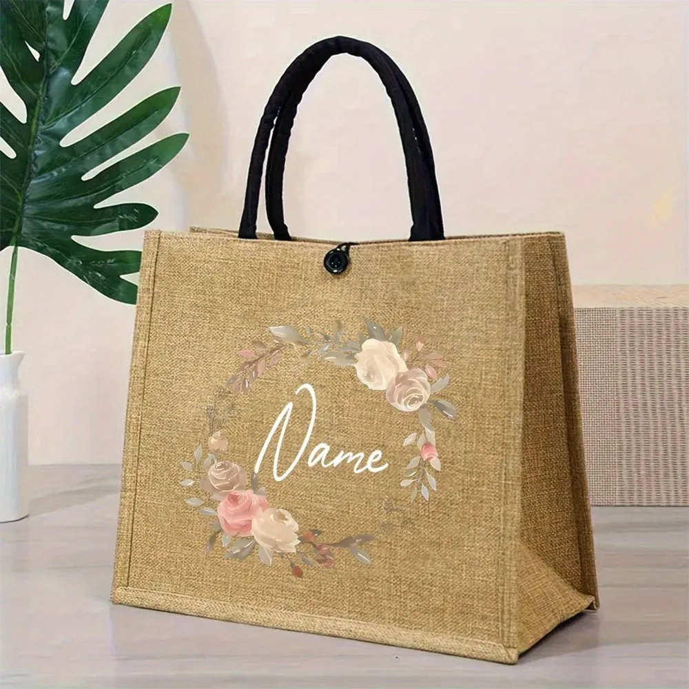 

Custom Name Linen Tote, Chic Beach Travel Bag with Buckle Closure, Birthday Holiday Wedding Mother‘s Day Graduation Nurse Gift