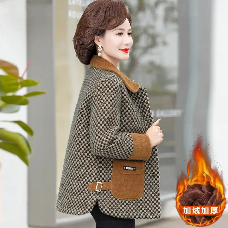 

High Quality Mother's Winter Jacket Thicken Imitation Mink Velvet Woolen Coat Middle Aged Women Add Velvet Warm Wool Overcoat