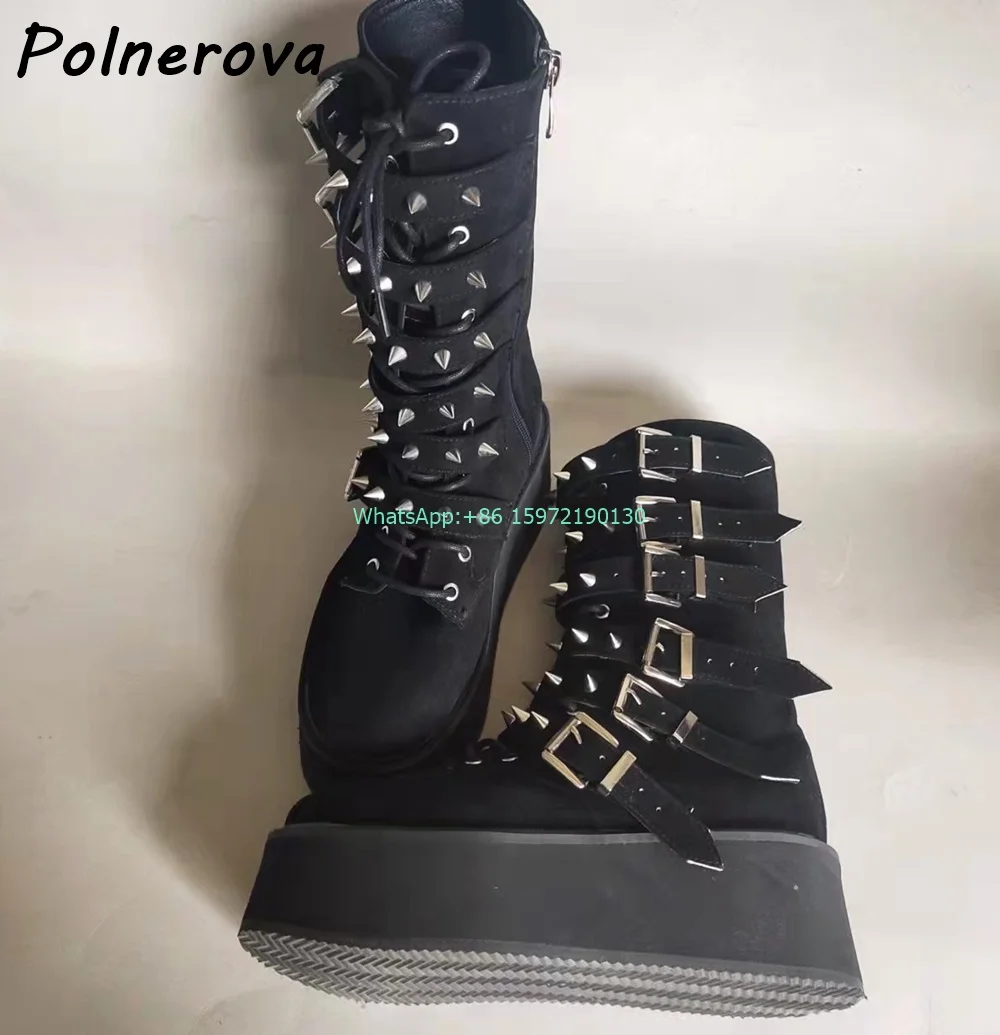 Rivet Buckle Belt Half Boots Solid Round Toe Thick Soled Platform Lace Up Zipper Y2K Boots Hotties Cool Street Photo Shoes