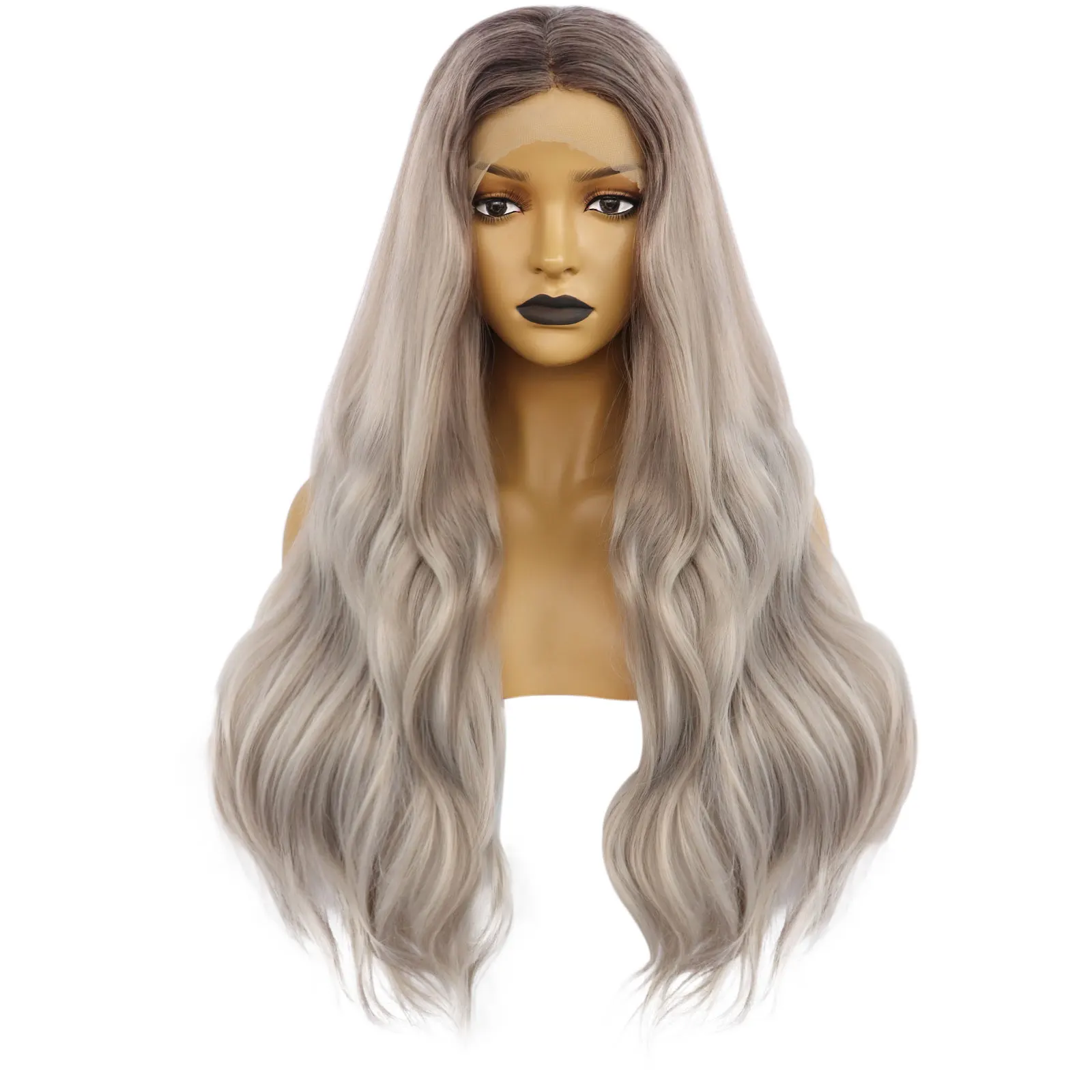 13 * 3.5 * 1 T-shaped synthetic lace front wig, 28 inch gray wavy lace front wig suitable for women's daily gatherings.