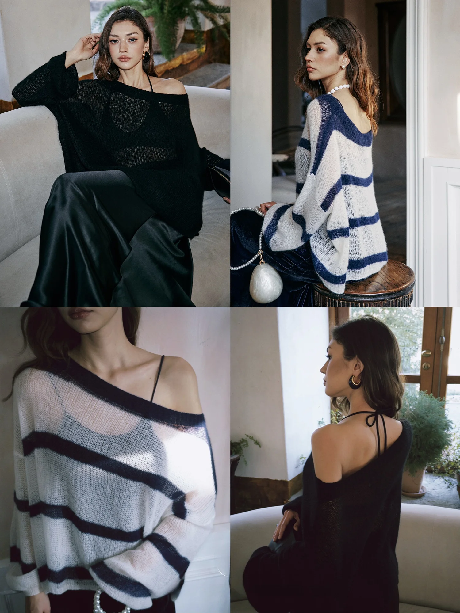 

Betchow Soft Silk Camere Fairy-Like Long Sve oulder-Bared Striped Top Casual Sle Loose Fit Double Knit Women's Swe...