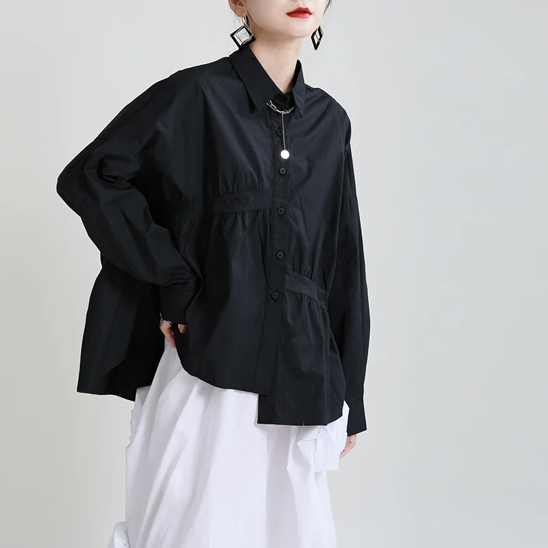 

Irregular Black Shirts Retro Blouses Women Loose Cotton Spring Dress Large Long-sleeved Shirt Tops Blusas White Girls Streetweat