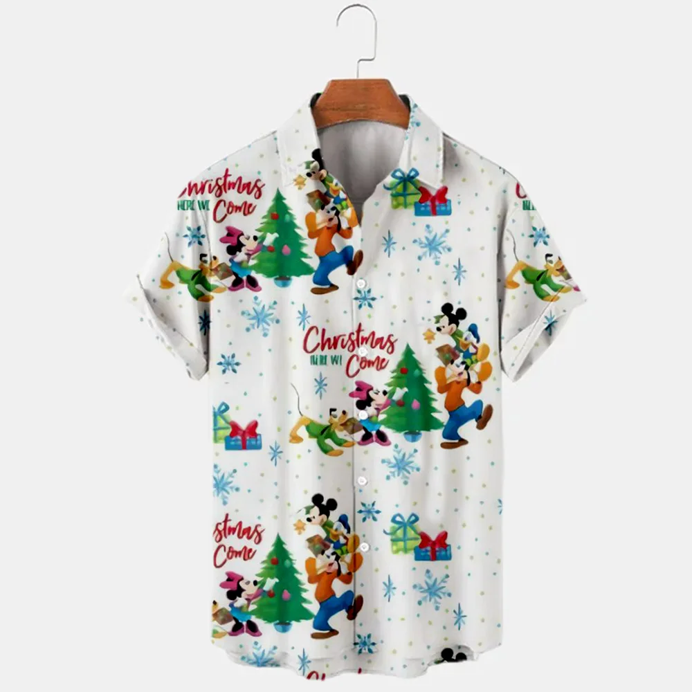 New Christmas Donald Duck Stitch and Mickey Cartoon 3D Printed Men's Lapel Short Sleeve Shirt 2024 Harajuku Style Slim Fit Top