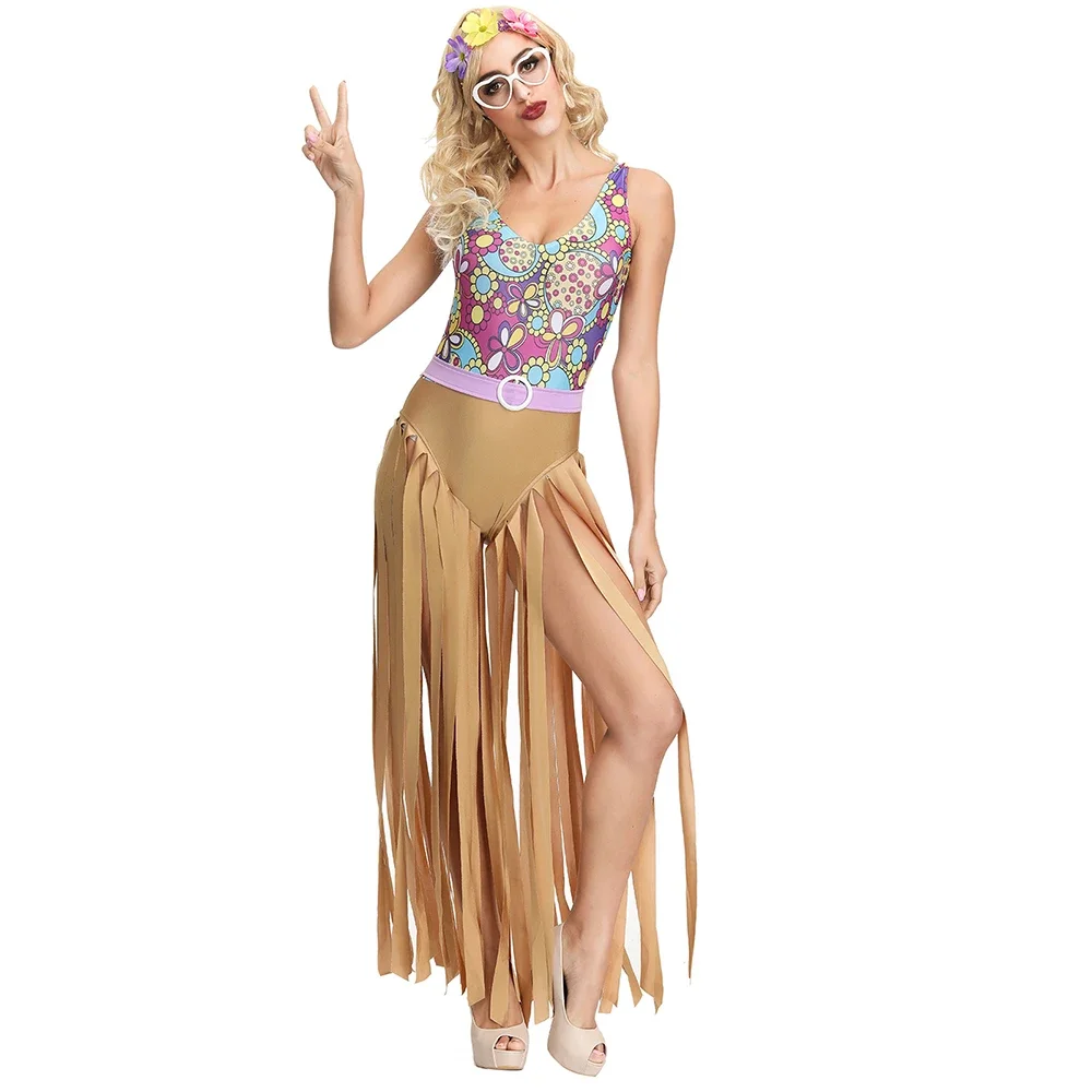 Disfraz Hippie de fiesta para mujer, ropa de escenario Hippie de los años 60 y 70, con borlas indias, para Halloween