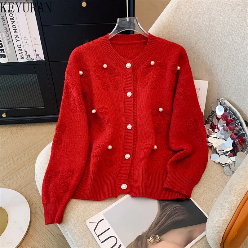 2024 Autumn Winter New Loose Soft Knitted Cardigan Sweater Women O-Neck Long Sleeve Lazy Style Casual Peals Beaded Bow Warm Tops