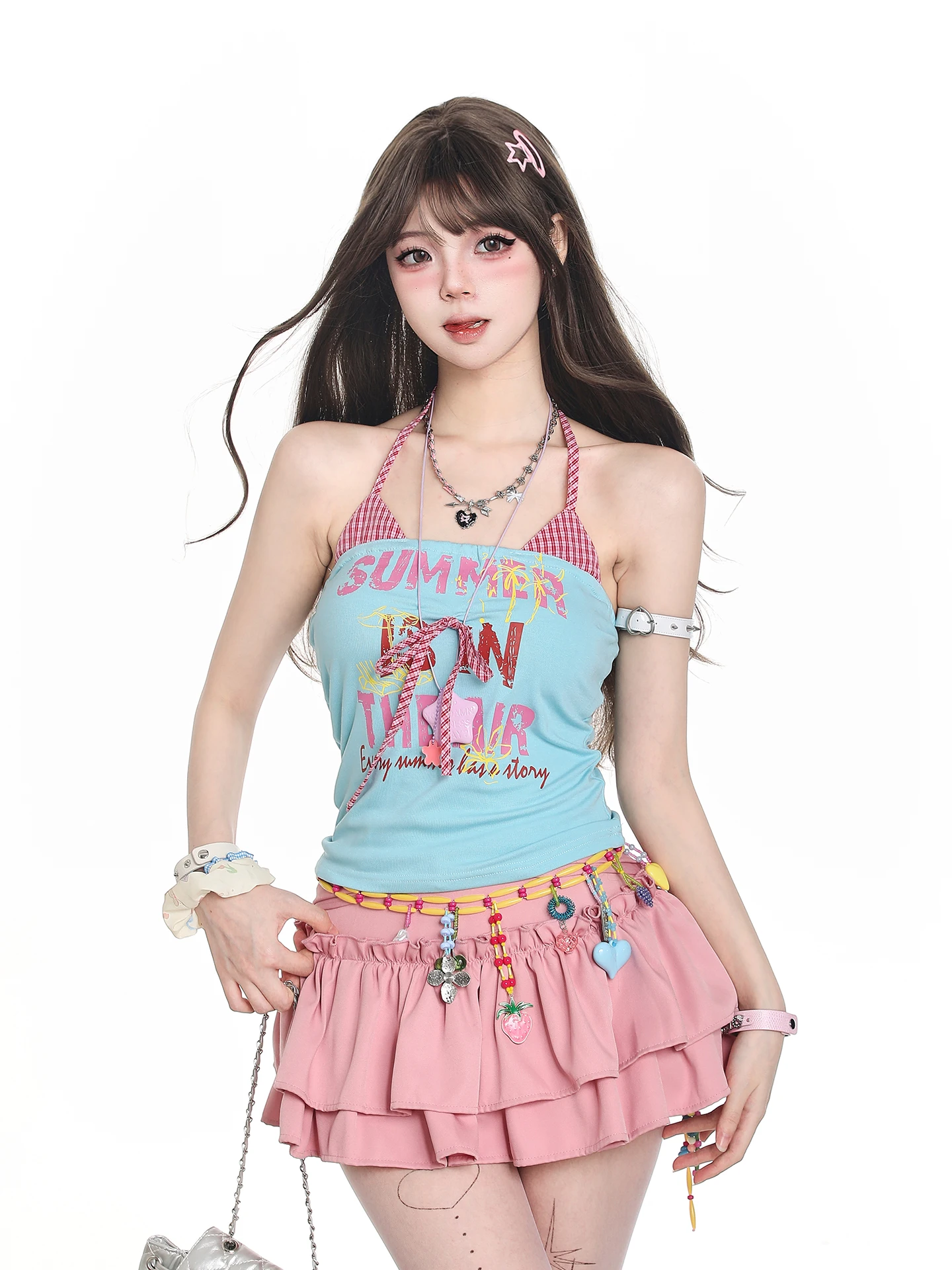 American Style Sweet Spicy Girl Neck Hanging Strap Vest Women Summer Fake Two-Piece Slim Sleeveless Outerwear Dopamine Top