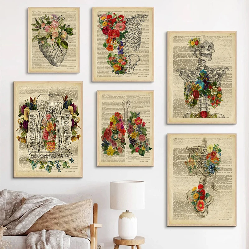 

Vintage Floral Anatomy Medical Canvas Painting Skull Spine Rib Cage Skeleton Poster Wall Art Print Picture Living Room Decor