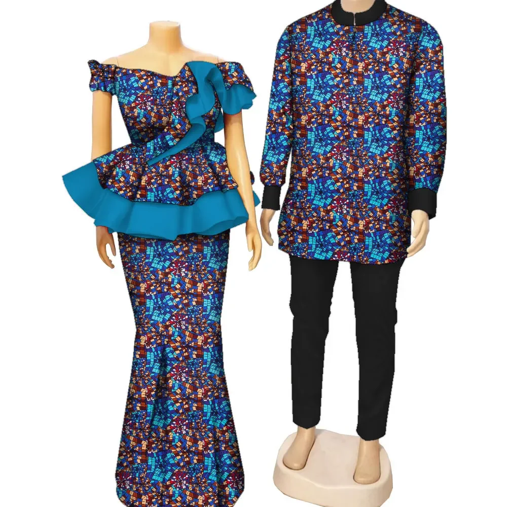 Fashion African Print Clothing for Couple Lovers Men\'s Dashiki Shirt and Women Skirts Set Couple Clothes for Wedding WYQ985