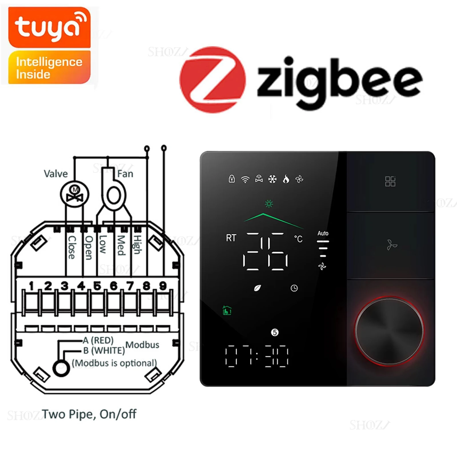 Zigbee/Wifi/RS485 Klimaatthermostaat voor Fan Coil Units, 2/4-Buis Verwarming/Koeling Temperatuurregelaar, Compatibel met Tuya Smart Life,Ondersteunt Alexa Google Home Assistant, kan Honeywell,