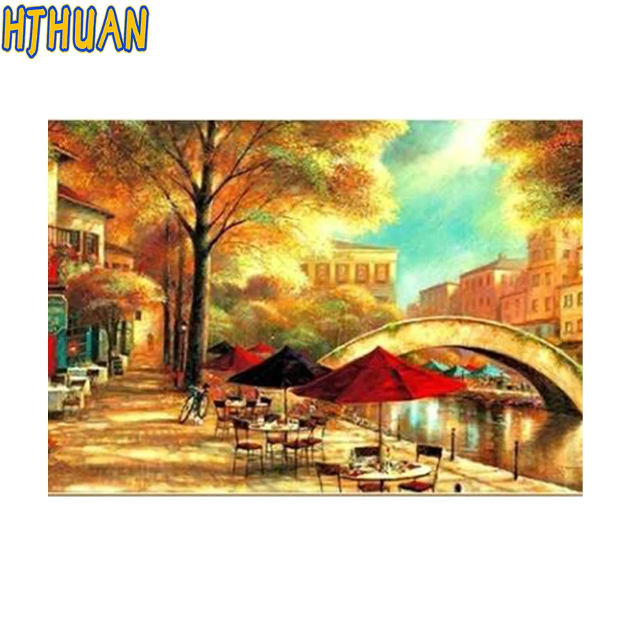 Diamond Painting Cross Stitch, Landscape Bridge, Cafe in Fine weather, Full Square Drill, Colorful Handmade Craft, Home Decor