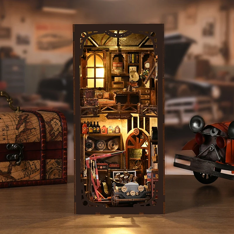 DIY ชั้นวางหนังสือไม้ชุดแทรกงานฝีมือร้านซ่อม Bookend ชุดโมเดลขนาดเล็กชั้นวางหนังสือสำหรับของขวัญวันเกิดเพื่อน