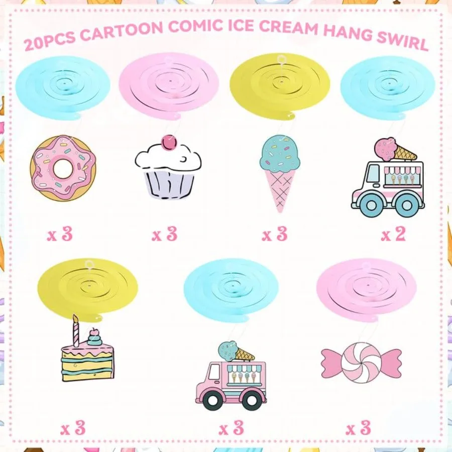 Sweet Comic Ice Cream Donut Hanging Swirl Party Decor Pastel Cartoon 2D Comic Donut Candy Party Ceiling Streamers for Girl Ice