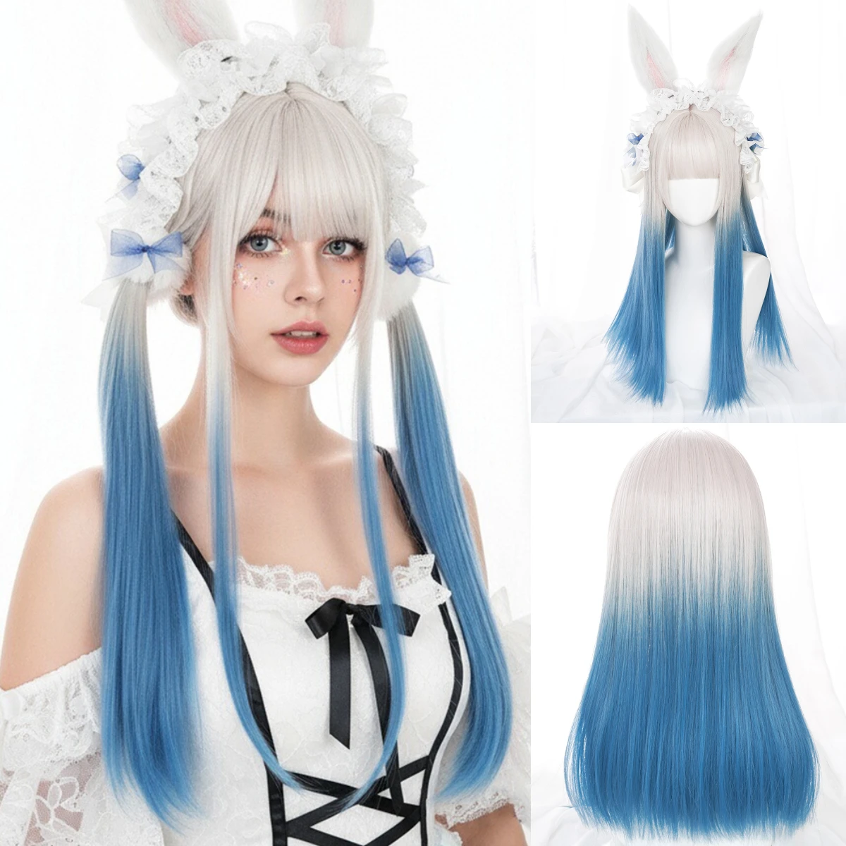 

Бежевый и синий термостойкий парик, женские длинные прямые синтетические волосы для Хэллоуина, косплея Лолиты