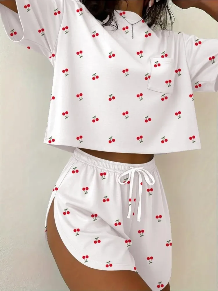 Y2K Printed 2-piece Comfortable Women's Top + Drawstring High Slit Shorts Home Wear Set Casual Comfortable Daily Two-pieces Set