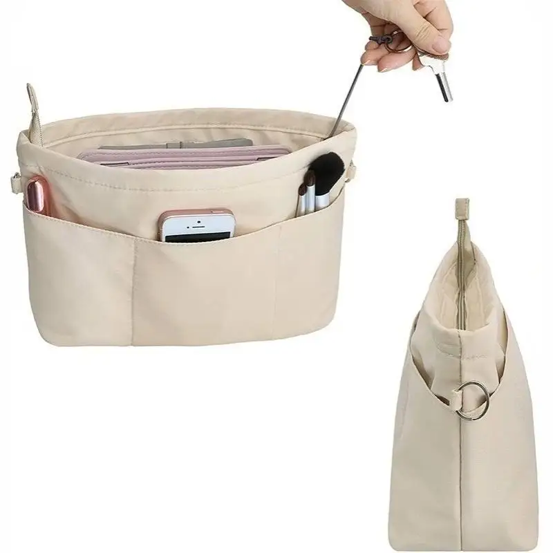 Vintage Kosmetik-Organizer-Einsatztasche mit Reißverschluss, mehrere Taschen, einfarbig, multifunktionale Tasche für Damen – Detail 7