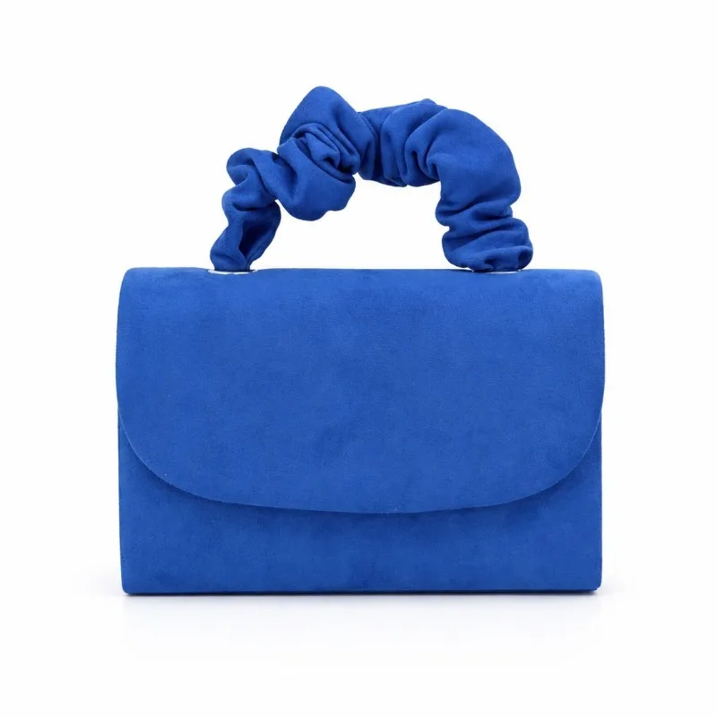2026 Autumn New  Blue Faux Suede Small Flap Bag Solid Color Evening Dress Handbag with Pleated Handle Party, Weddings Clutch Bag