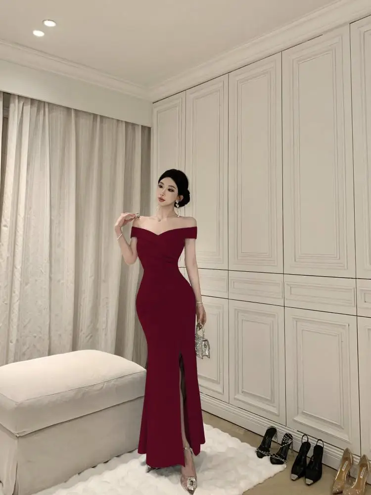 

Summer French Retro Blue Elegant Off Shoulder Split Slip Long Dress Women's Red Sexy Backless Pleated Evening Party Dress Simple
