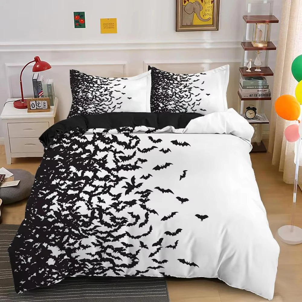 Halloween Bat Duvet Cover Full Queen Gothic Spooky Comforter Cover Horror Halloween Bedding Set Cartoon Style Bedspread Cover