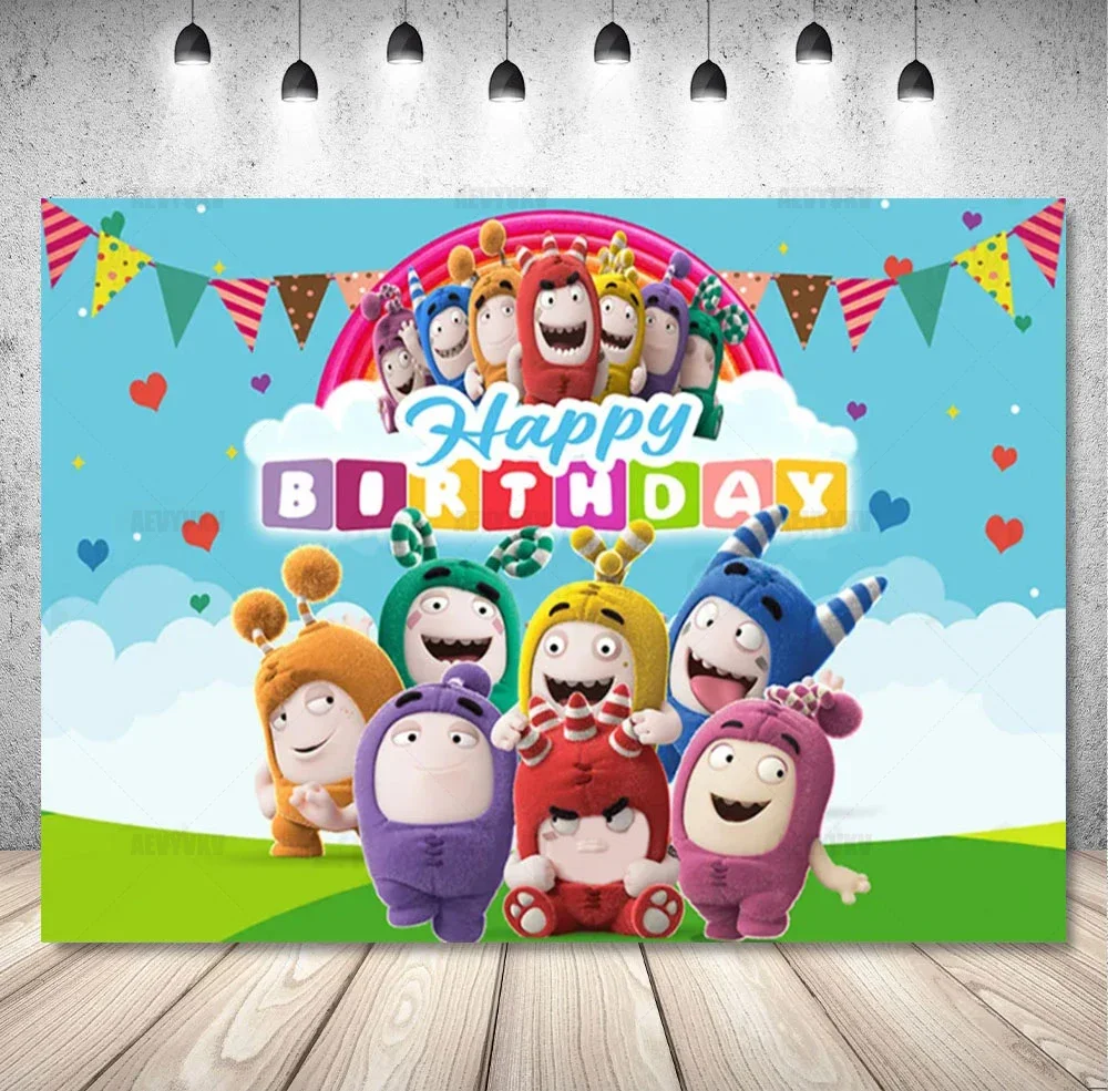 O-ddbods Birthday Party Backdrop Rainbow Radial Plush Monsters Colorful Seven Friends Custom Kids Baby Shower Cake Banner Decor