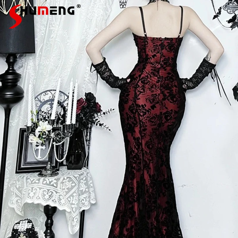 

2025 Autumn New Halloween Dark Gothic Sexy Style V-neck Strap Vestidos Hot Girl Bodycon Long Dresses Y2k Slimming Dress Clothes