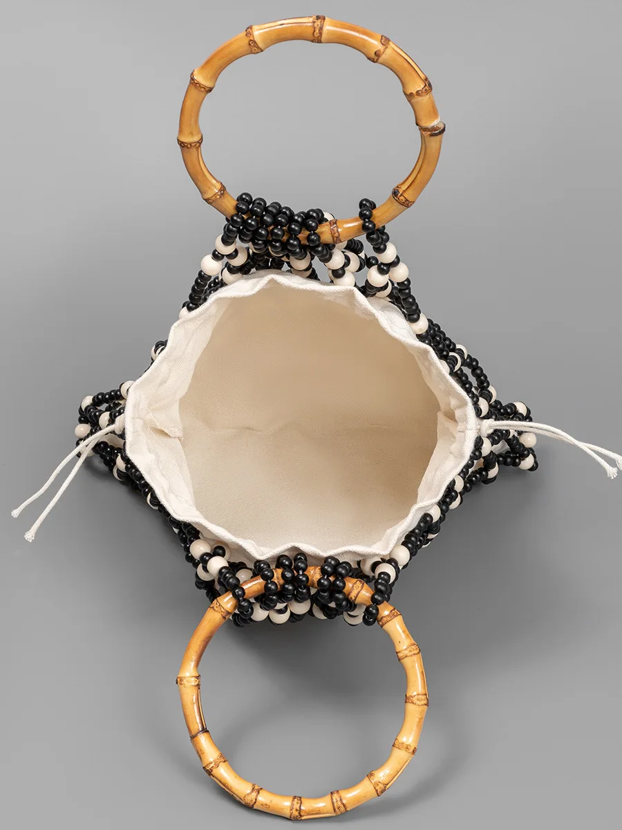 Bolso de mano tejido para mujer, bolso con cuentas de madera hueca, bolso de hombro tipo Bombonera, bolso de playa con red reticulada para mujer