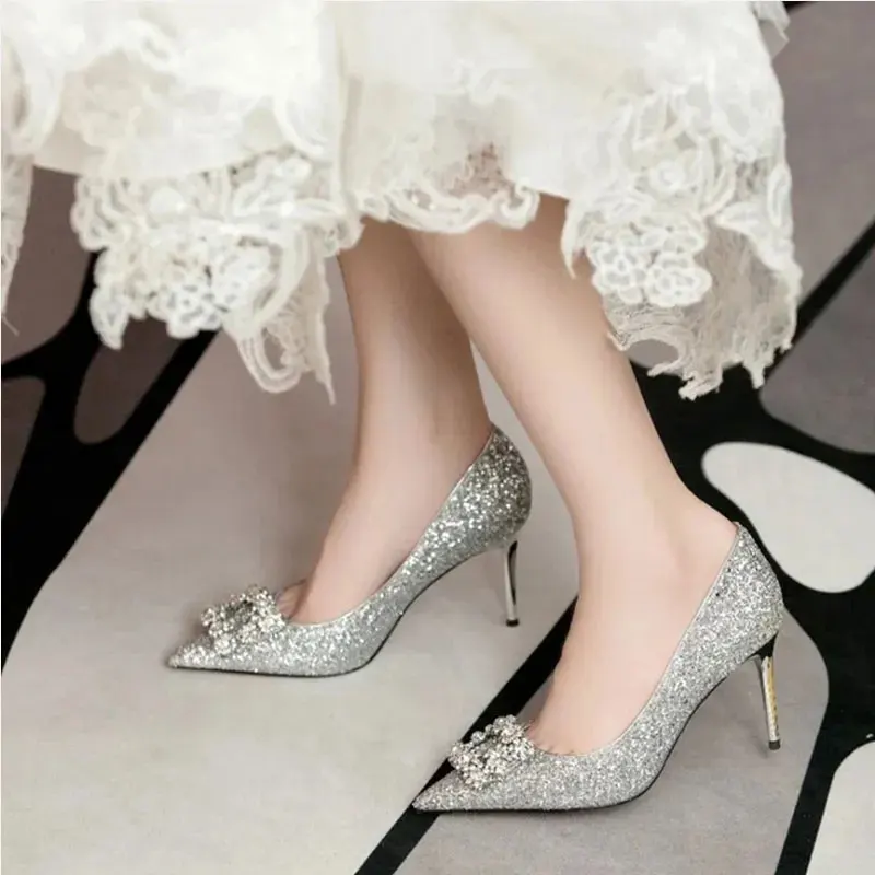 Womens Handmade New Arrival Stiletto Heel Dress Wedding Pumps Pointed-toe Large Size Slip-on Glitter Evening Party Fashion Shoes