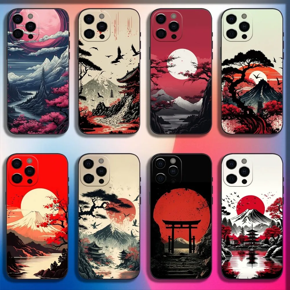 Japanese Landscape Art Elements Phone Case For iPhone 16,15,14,13,12,11,Pro,X,XS,Max,XR,Plus,Mini Soft Black Cover