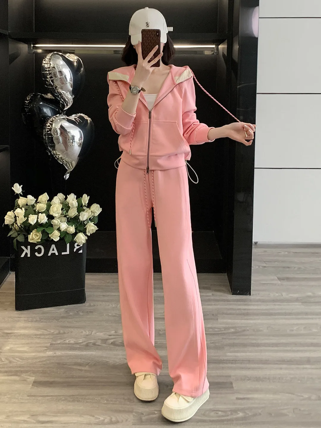 

Нежный женский спортивный костюм: розовый комплект из толстовки на молнии с длинным рукавом и широких брюк, повседневная спортивная одежда из двух предметов