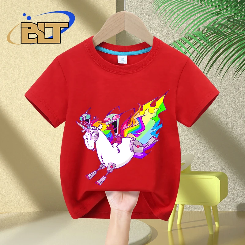 T-shirt de manga curta com estampa unicórnio para menino e menina, top casual algodão, verão