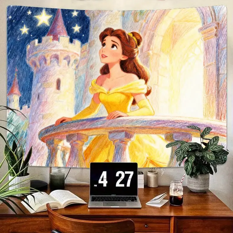 

1PC Disney Belle Princess Elegant Tapestry, Beauty and the Beast Wall Art, Castle Decor, Modern Polyester Wall Hanging for Girls