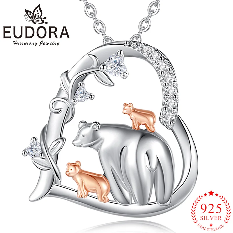 

Eudora 925 Sterling Silver Polar Bear Mother and Baby Necklace Inlay Zircon Heart Bear Pendant Women Fashion Jewelry Party Gift