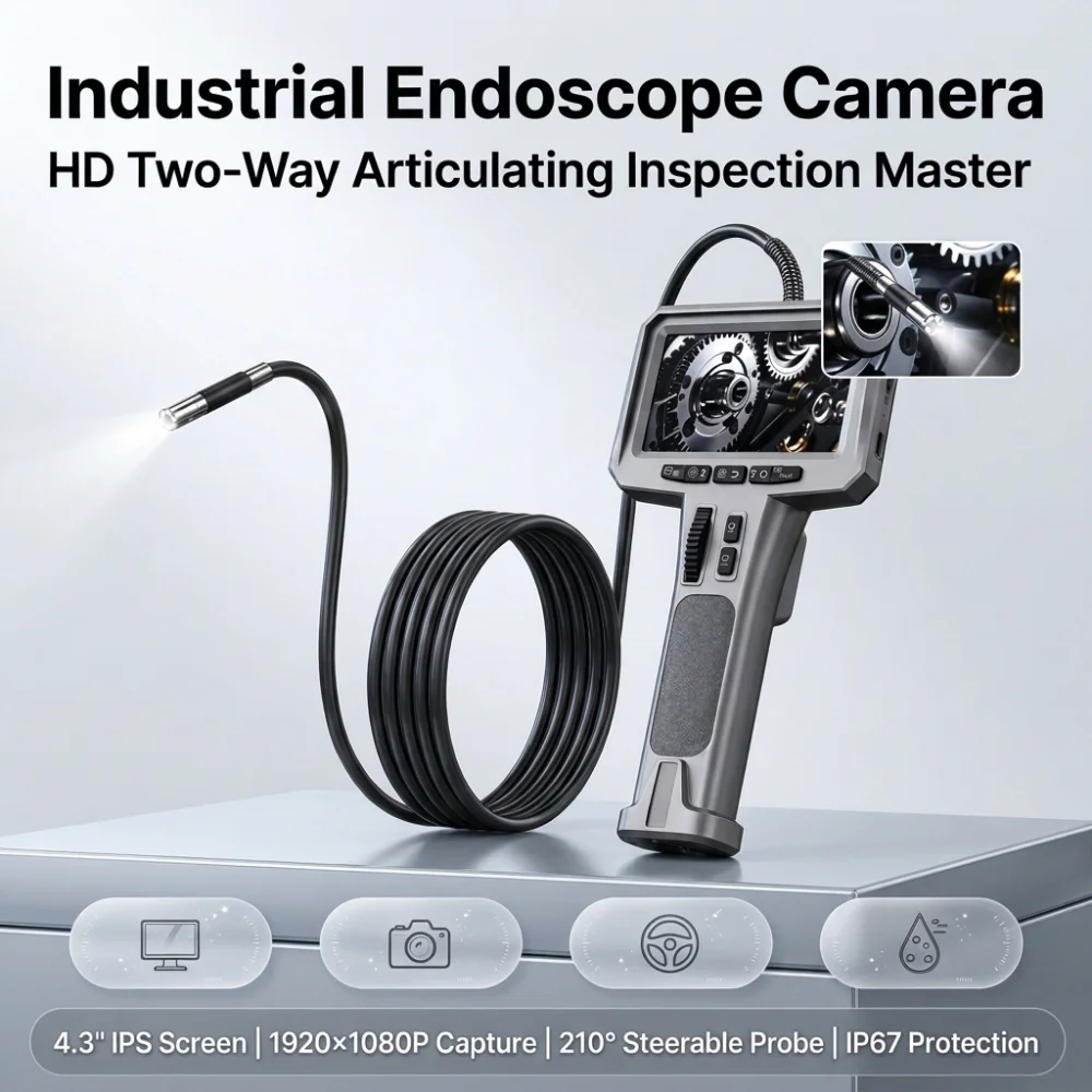 2Mp Industrial Endoscope 4.3" Ips 210 ° Swivel 6.3mm Ip67 Waterproof 5X Zoom for Auto Engine Pipe Hvac