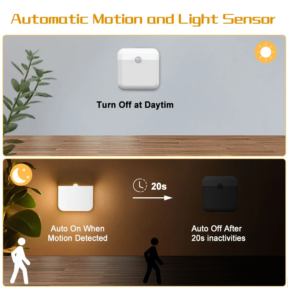 Night Light LED Motion Sensor Light USB TYPE C Charging Square Lamp for Bedroom Kitchen Stair Hallway Wardrobe Cupboard Lighting