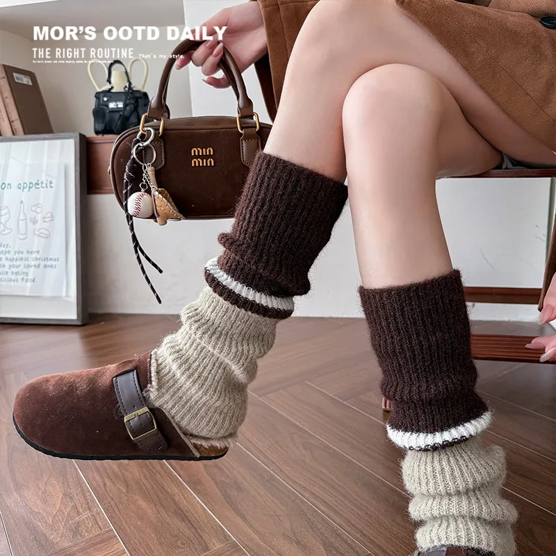 New Maillard Color Block Leg Warmers for Women | Thick Knitted Wool Boot Cuffs Yoga Dance Socks Fall Winter Fashion Accessories