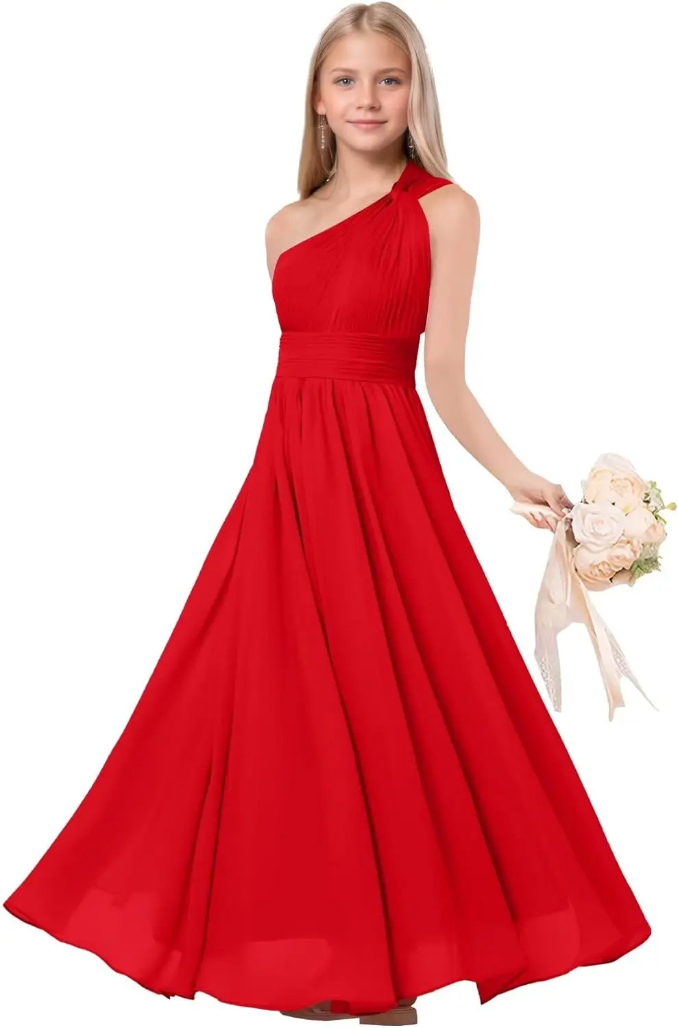 A-Linie One-Shoulder-Kleider für junge Brautjungfern, plissiertes Chiffon-Blumenmädchenkleid für die Hochzeit, Festzugskleid für Teenager-Mädchen