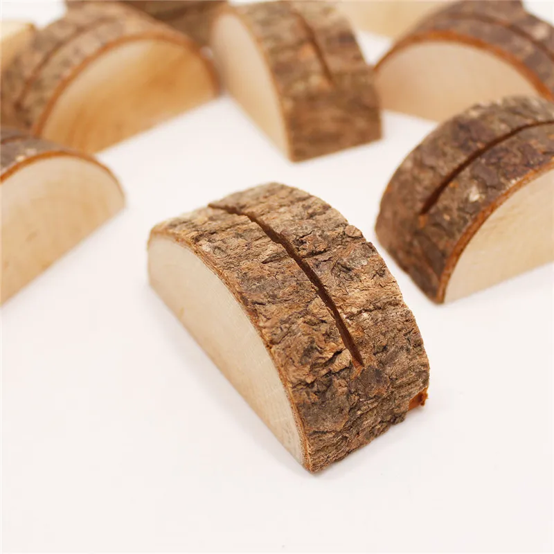 1 pz/lotto Porta carte in legno semicircolare naturale Ceppo di legno Porta carte per festa di nozze Supporto per menu da scrivania Clip per foto