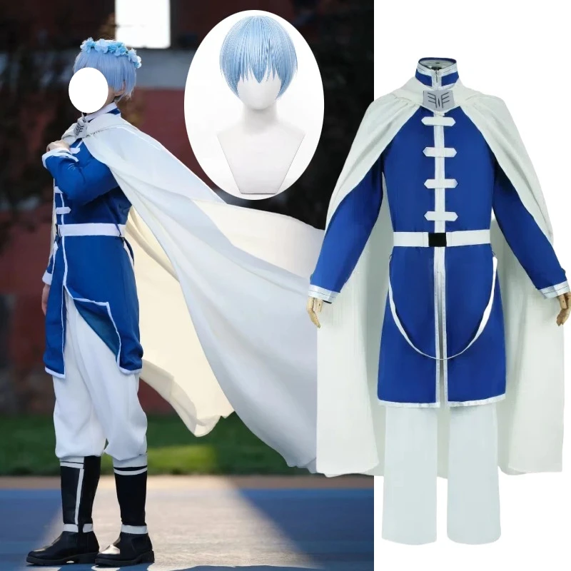 

Anime Frieren Himmel Cosplay Costume Blue Top White Pants Cloak Wig Accessories Full Set for Men Role Play Outfit Theme Party