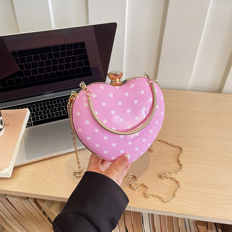 Adorables bolsos pequeños con forma de corazón, con estampado de lunares, tipo bandolera, bolsos transparentes para mujer, con cadena larga para llevar al hombro, bolso femenino.
