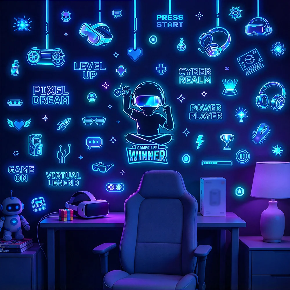 Luminous Game Elements Wall Sticker Glow In The Dark Wall Decal For Children's Room Fluorescent Decals Self-adhesive Room Decor