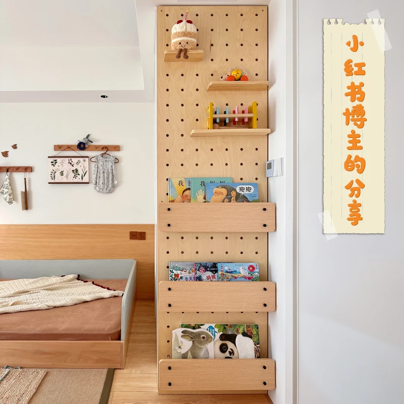 

Wooden iwood wall wooden children's room painting book storage hole board, simple bedroom entrance shelf