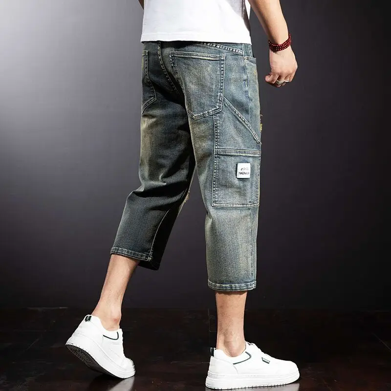 

Retro Faded Hole Workwear Seven-Foot Men's Jeans Summer Thin Loose Large Size Trendy Pants Cotton Polyester Spandex