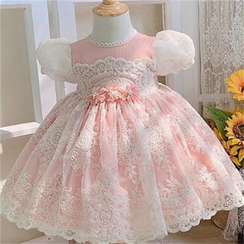 Spanish girls dress lace   baby birthday dress puff sleeve Loli pink princess dress