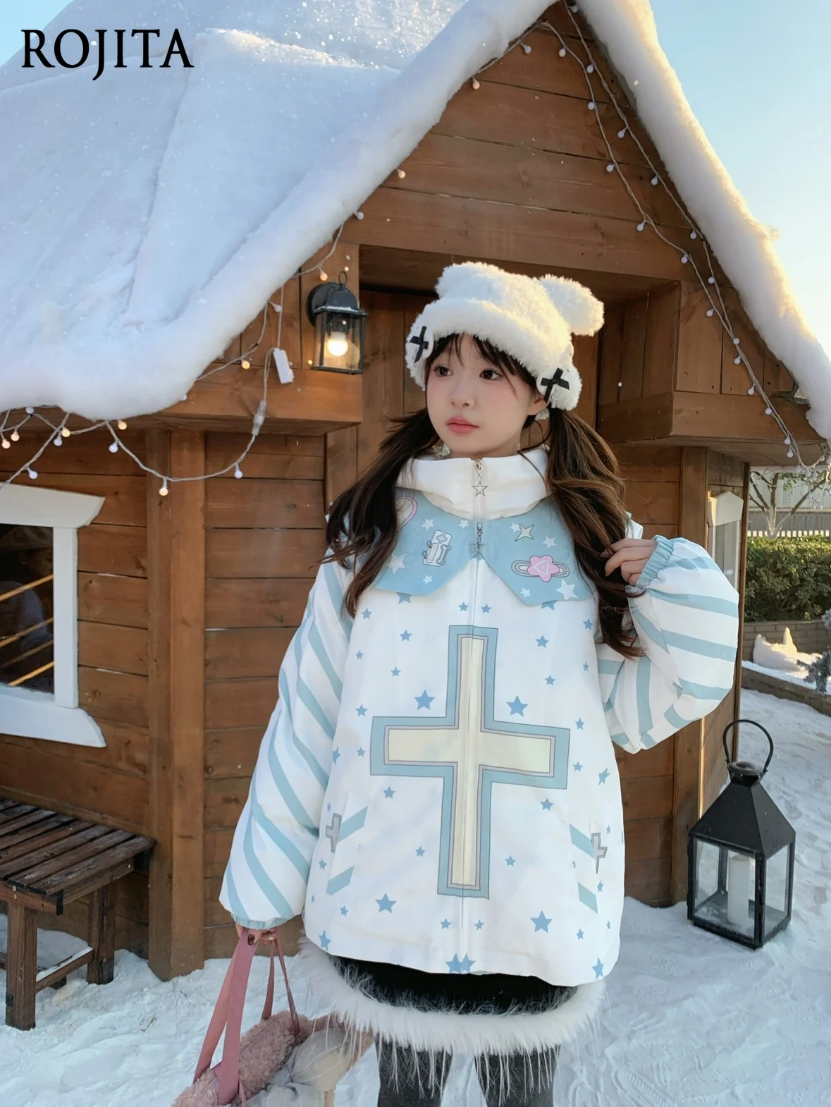 

Зеленая хлопковая куртка Subculture с цветными блоками и кроличьими ушками, свободная куртка-пуховик с капюшоном, зимняя милая жилетка с кукольным воротником для девочек